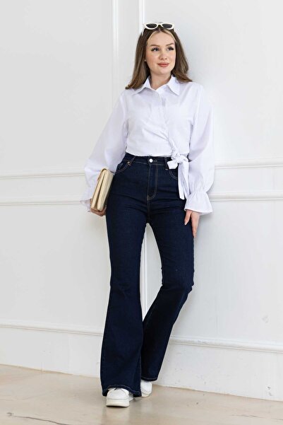 DESTEMODA Kadın İspanyol Paça Kot Pantolon Lıkralı Super Fıt Koyu Mavi 2012