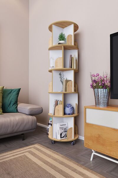 zeo wood design 360° Mdflam Dekoratif Döner Kitaplık- 5 Katlı/20 Raflı - Safir Meşe-beyaz