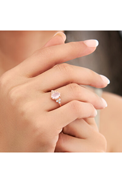 Siset Gümüş 925 Ayar Rose Kaplama Oval Pembe Kuvars Taşlı Gümüş Yüzük