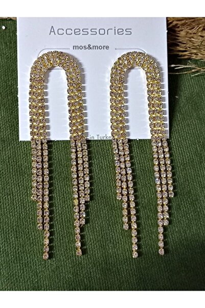 mos&more Gold Taşlı Sallantılı Uzun Kadın Abiye Küpe