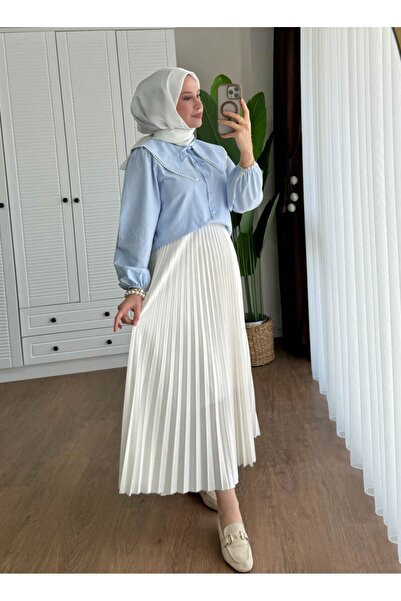 Miraydın Butik Kadın Etek Üstü Bebe Yaka İncili Bebe Mavisi Gömlek