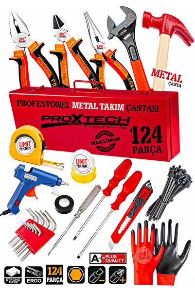 PROXTECH Metal Çanta 124 Parça Lüks Seri Pense Yankeski,Tornavida Set,3 Metre...