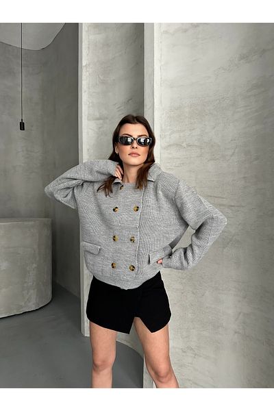 Elilook Women's Double Breasted 8 Buttoned Polo Neck Knitwear Cardigan
