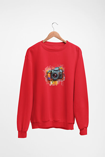 Butik Unisex Long Sleeve Camera Transfer Printed Crew Neck Sweatshirt
