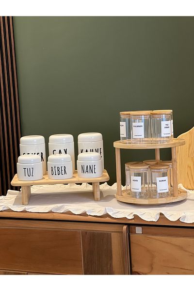 Sade Hediye 6-Piece Porcelain Colored Jar Set and 12 Glass Rotating Stands with Bamboo Lids