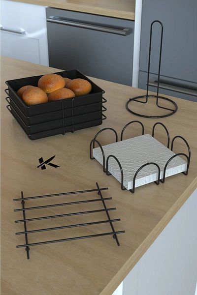 KapKacakAl Black Bread Basket and Serving Set Towel Holder and Napkin Holder Nihale Bread Holder 4-Piece Presentation Set
