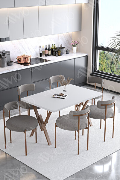 AVVİO LYON  Teddy Sandalye 80x140 Yemek Masası Mutfak Masası 6 Kişilik Masa S...