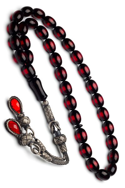 OTTOTESBİH Certified Silver Kazaz Tassel 8X12Mm Red Vernier Fire Amber Rosary