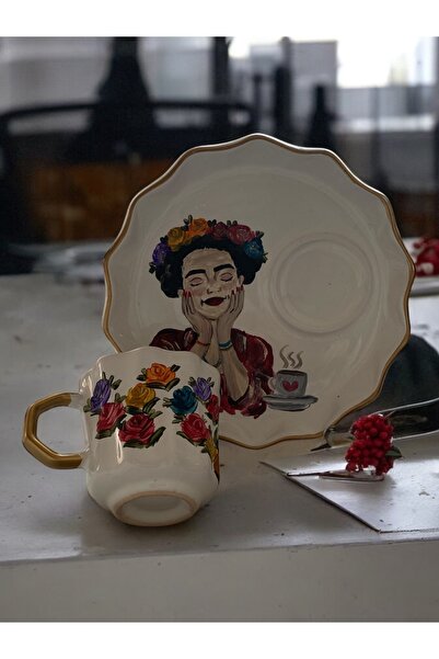 Store Special Design Hand Painted F. Kahlo Flower Themed Gift Turkish Coffee Cup