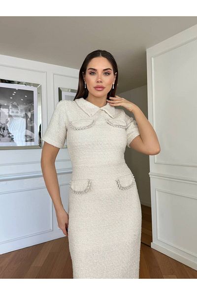 1Moda1Tarz Γυναικείο εισαγόμενο ύφασμα τουίντ με πέτρα και μαργαριτάρι με επένδυση με λεπτομέρεια τσέπης Φόρεμα ειδικού σχεδίου