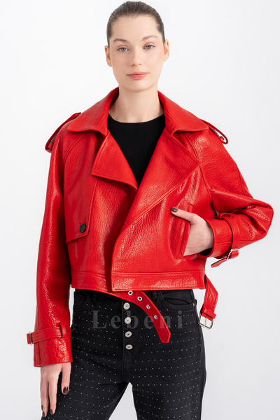 Lebeni Red Genuine Leather Women's Jacket - Seasonal, Short Trench Coat Cut