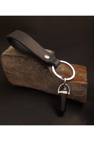 AB Takı سلسلة مفاتيح من الجلد الطبيعي باللون الأسود من حجر الأونيكس الطبيعي