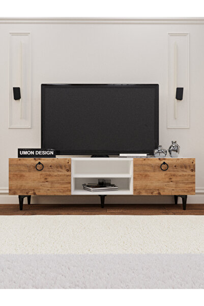 umondesign Agora Tv Ünitesi 150 Cm Üç Kapaklı Raflı Ayaklı Tv Sehpası Beyaz- Çam