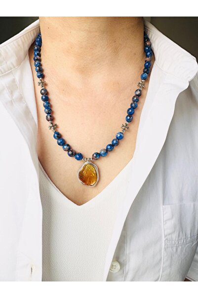 DEVİ fashion قلادة من الحجر الطبيعي باللون الأزرق الداكن 55 سم