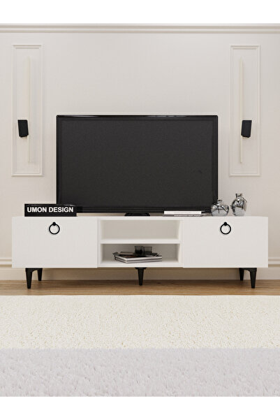 umondesign Agora Tv Ünitesi 150 Cm Üç Kapaklı Raflı Ayaklı Tv Sehpası Beyaz