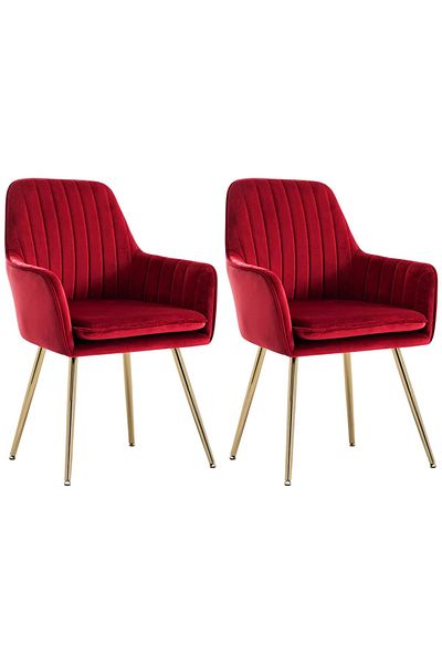 Taimi Set of 2 Modern Accent Dining Chair, Armchair with Golden Finished Metal Legs, Red