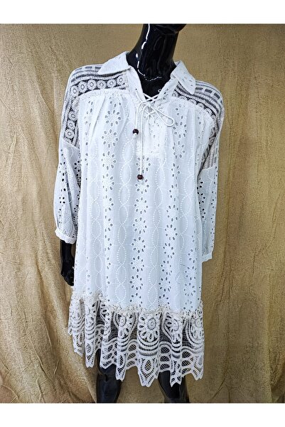 Sosyete Kaplumbağa Pamuk Fisto Güpürlü Bohem Mini Elbise