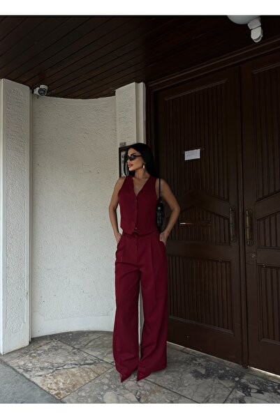 LB Laluna Butik Women's Burgundy Vest and High Waist Pleated Palazzo Pants Set