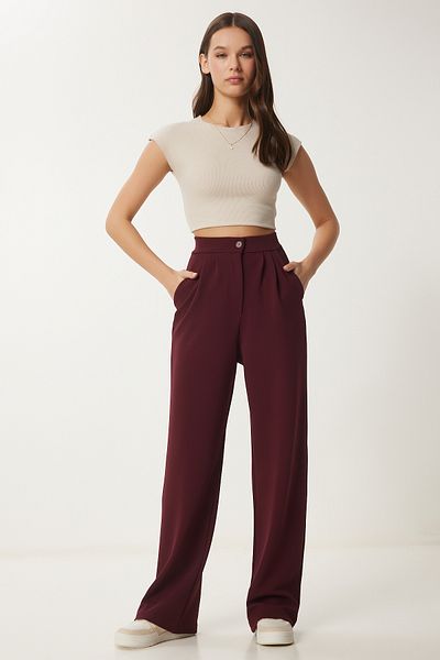 Lovelyİstanbul Burgundy Lycra Palazzo Trousers - Relaxed Fit Lrv0019