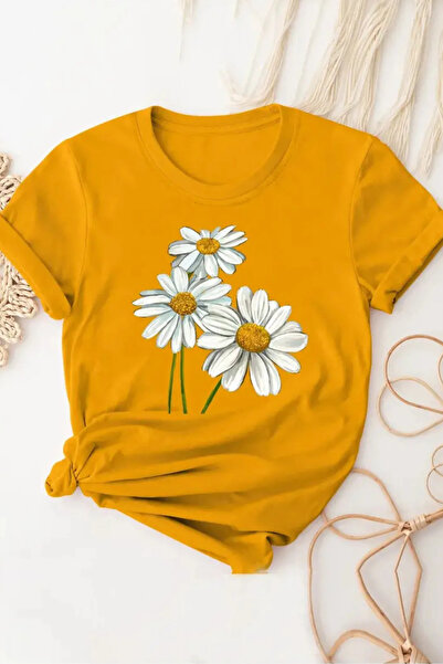 FECCY Tricou confortabil pentru femei, din bumbac, cu flori de margaretă