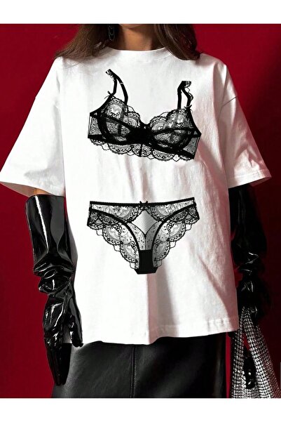 Jose Clothing Women's White Self Patterned Crew Neck Oversize Cut T-Shirt