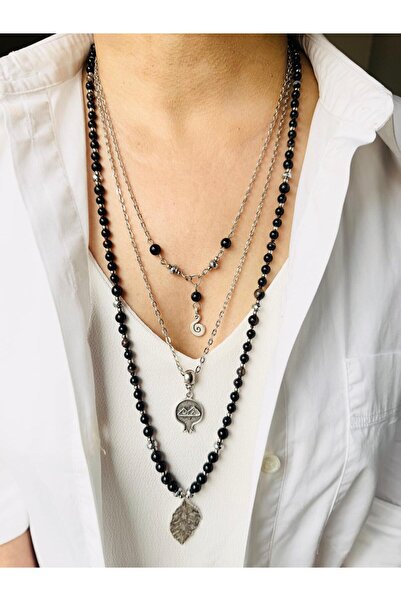 DEVİ fashion Triple Long Natural Stone Agate Combination Necklace 80 cm