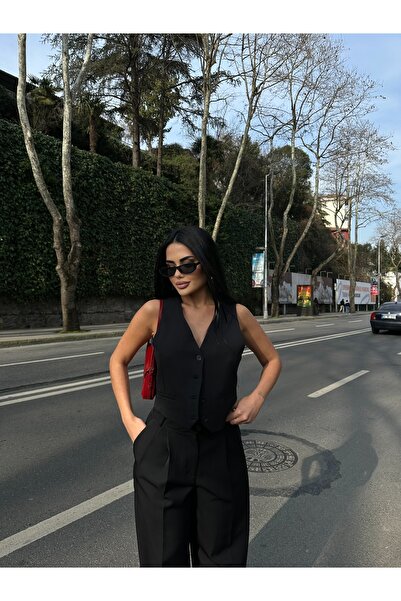 LB Laluna Butik Women's Black Vest and High Waist Pleated Palazzo Pants Set