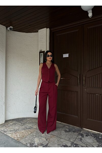 LB Laluna Butik Women's Burgundy Vest and High Waist Pleated Palazzo Pants Set