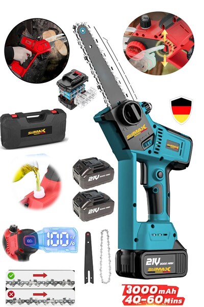 stilmax 2100WH 3000Mah Dijital Göstergeli Lityum Çift Akülü Dal Kesme Budama Testeresi Yağ Pompalı 10 Pilli