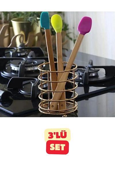 Vekorr 3-Piece Silicone Tip Bamboo Handle Spatula Set Heat Resistant Colorful Kitchen Apparatus Set