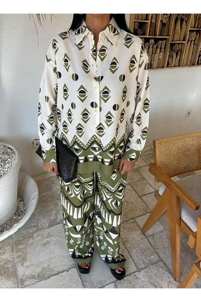 Julidress Green White Patterned Shirt Pants Bottom Top Premium Set