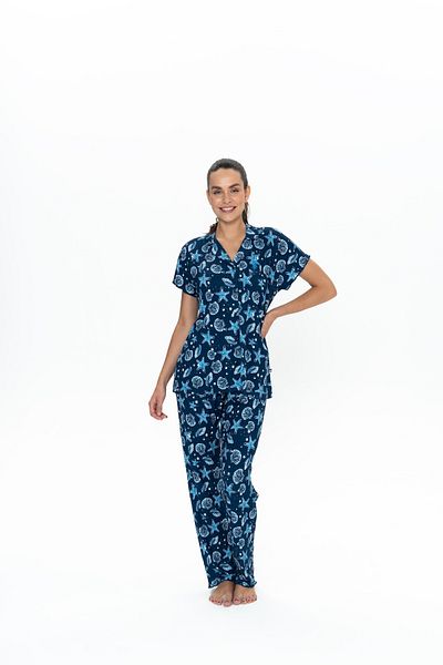 U.S. Polo Assn. Set pijamale pentru femei din viscoză cu licență USPA - bleumarin, cu nasturi în față