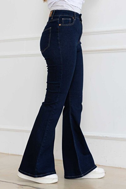 DESTEMODA Kadın İspanyol Paça Kot Pantolon Lıkralı Super Fıt Koyu Mavi 2012