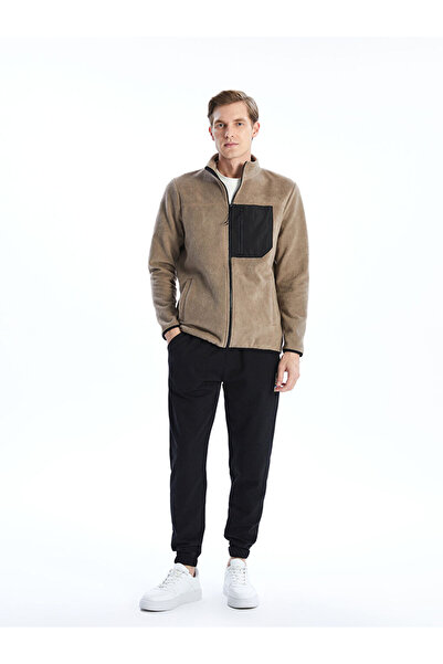 LC Waikiki Beige Mock Neck Long Sleeve Fleece Men's Zippered Sweatshirt