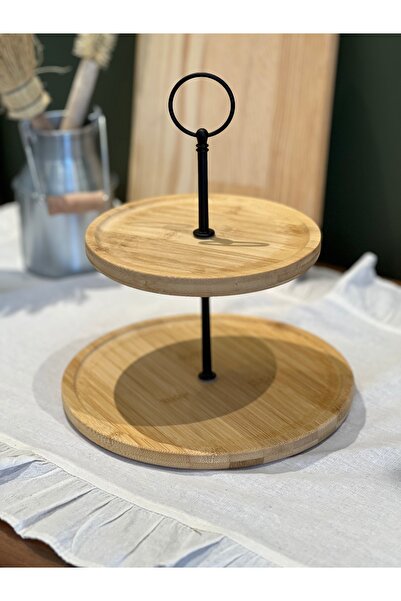Sade Hediye Bambu 2 Katlı Metal Detaylı Servis Tabağı/Bambu 2 Katlı Sunumluk/...
