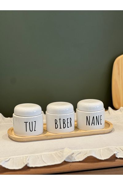 Sade Hediye 3-Piece Porcelain Salt-Pepper-Sugar Jar Spice Bowl Set with Stand
