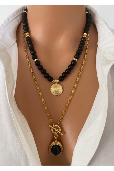 TARZ-I TAKI ( 2 Kolye ) Doğal Taş Siyah Oniks Taşı & Çelik Zincir Altın Kaplama Çerçeveli Taş Uç Kadın Kolye