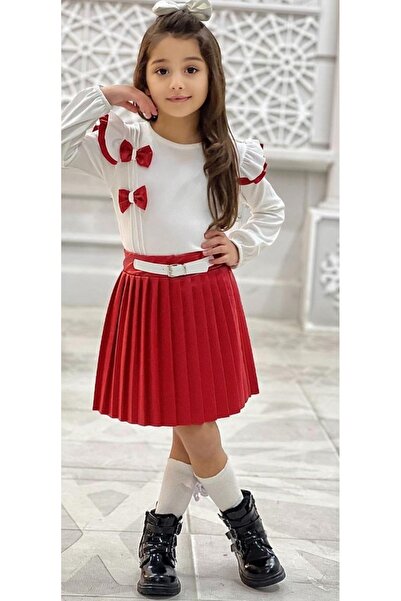 EFLİNS Girl's Dress Set - Red and White Double with Leather Skirt (Age 2-3-4-5)