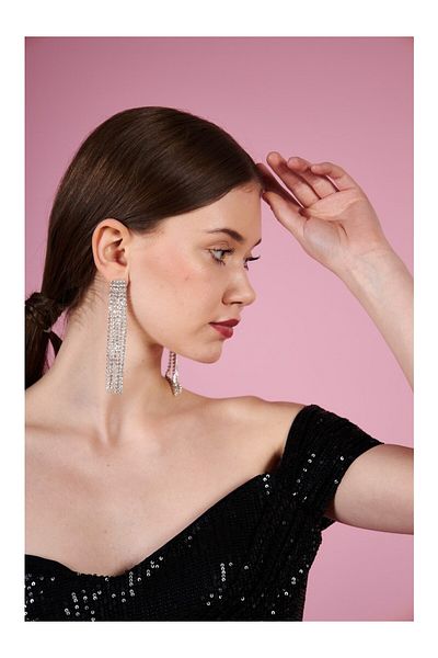 mos&more Stoned Dangle Sparkling Long Women's Evening Dress Earrings, Tassel Earrings, Waterway, 6 Strips