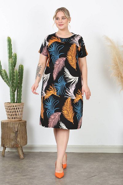 Mooi XXL Women's Orange Blue Feather Pattern Midi Dress