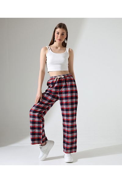 Moda Monisa Red Navy Blue Plaid Patterned Unisex Sweatpants - Comfortable and Stylish Casual
