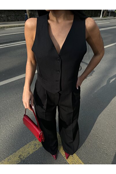 LB Laluna Butik Women's Black Vest and High Waist Pleated Palazzo Pants Set