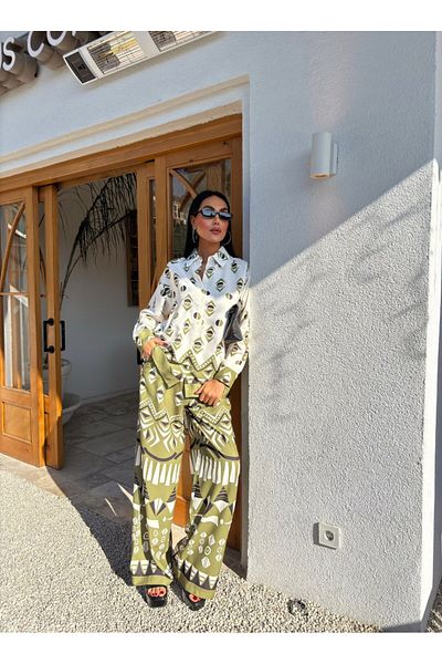 Julidress Green White Patterned Shirt Pants Bottom Top Premium Set