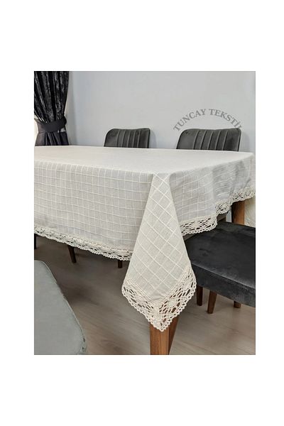 TUNCAY TEKSTİL Lacy Linen Tablecloth Modern Plain Cotton Basement Linen Square Rectangular Round