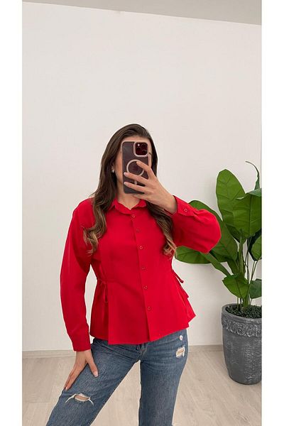 Nazline Women's Side Tie Button Poplin Shirt