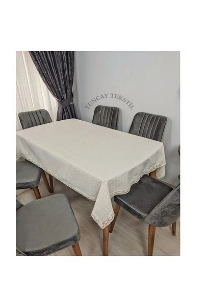 TUNCAY TEKSTİL Lacy Linen Tablecloth Modern Plain Cotton Basement Linen Square Rectangular Round