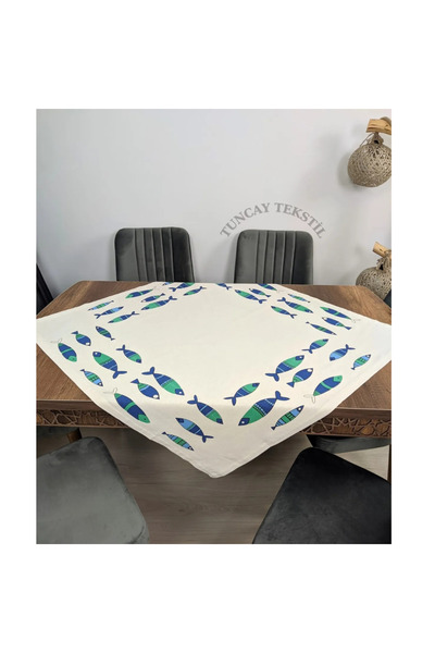 TUNCAY TEKSTİL Mavi Balık Baskılı Keten Kare Balıklı Buldan Işi Keten Masa Örtüsü