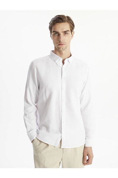 LC Waikiki Ανδρικό πουκάμισο με υφή LCW Vision White Slim Fit με μακρύ μανίκι Dobby