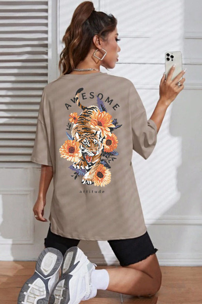 FECCY Cotton Tiger Printed Oversize T-Shirt