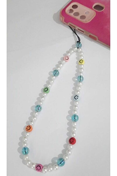 MODA MANANI White Pearl Colorful Smiley Face Phone Charm, Phone Strap